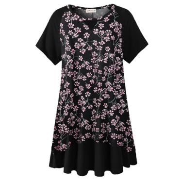 Imagem de LARACE Blusa feminina plus size para verão, túnica, manga curta, gola redonda, leopardo, color block, A - preto 40, M Plus Size