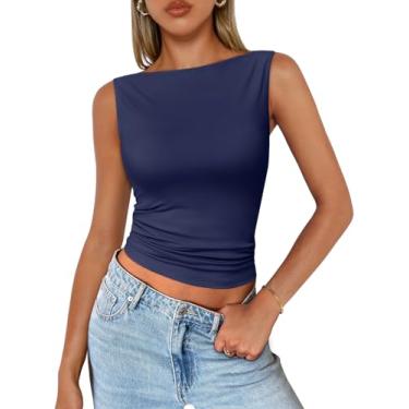 Imagem de Trendy Queen Regata feminina casual primavera verão básica fofa 2024 camiseta sem mangas Y2K moda roupas, Azul marino, P
