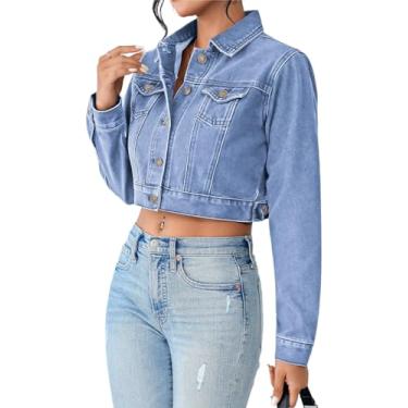 Imagem de GarRela Jaqueta jeans feminina cropped com botões, desgastada, lavada, manga comprida, casaco casual, Azul claro, M