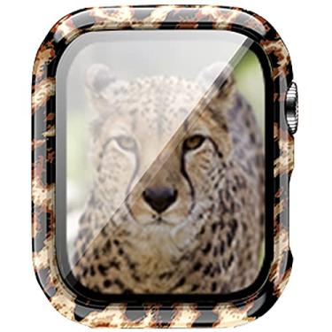 Imagem de Compatível com Apple Watch SE Series 6 5 4 3 2 1 40 mm, 44 mm, 42 mm, 38 mm, leopardo/floral, capa protetora de tela de vidro temperado resistente a impactos (Leopard1, 44 mm)