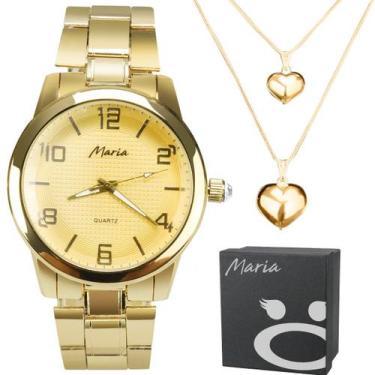 Imagem de Caixa + colar duplo coração + relogio feminino banhado aço casual ouro