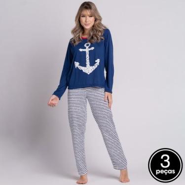 Imagem de Kit 3 Pijamas Longo Malha Pv Inverno Feminino Âncora - WLS Modas, GG, 
