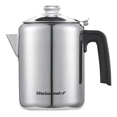 Imagem de Elite Gourmet EC008X Classic 8 xícaras Fogão Café Percolator Vidro Transparente Progresso Puxador de Brew, Alça Cool-Touch, Aço Inoxidável