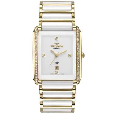 Imagem de Relógio Feminino Dourado Technos Quadrado Cerâmica Safira