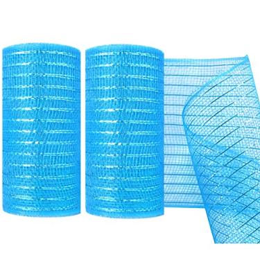 Imagem de MIKIMIQI Pacote com 2 fitas decorativas de malha de 15 cm x 7 metros de fita de malha com grinalda de malha metálica Deco Rolo de tela para guirlandas de primavera, brindes, artesanato, decoração de festa (azul)