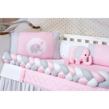 Imagem de Kit enxoval de berço com lençol de algodão 12 peças bebê elefante tran