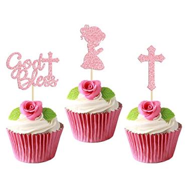 Imagem de Gyufise 24 peças de enfeite de cupcake rosa com glitter Deus abençoe e cruz, decoração de bolo para chá de bebê, meninas, artigos de decoração de festa de batismo