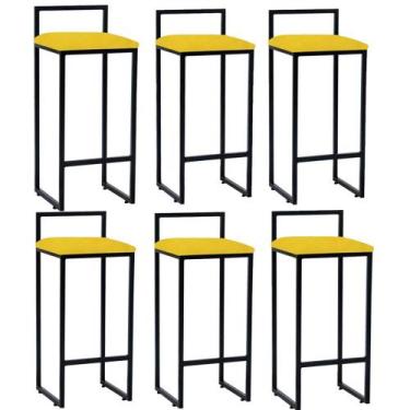 Imagem de Kit 06 Banqueta Alta Industrial 0,63 cm Metal Preto Suede Amarelo - Va