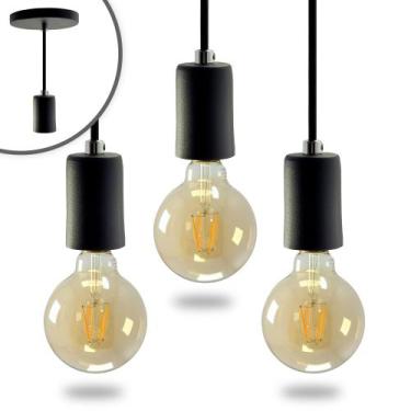 Imagem de Kit 3 Pendente Soquete Copinho E27 Preto + Led G95 - Iluminar Ambiente