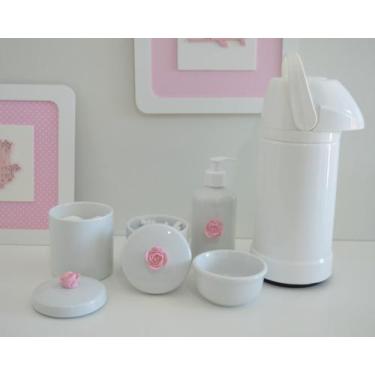 Imagem de kit Higiene Bebê Potes K021 Cotonete Flor Rosa Algodão Limpeza Porcela