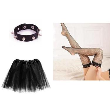 Imagem de Fantasia Punk Feminina Pulseira Meia Arrastão Saia Preta - CM Presente