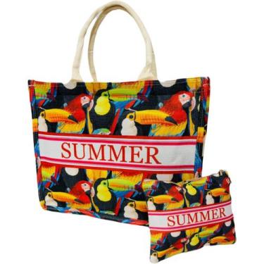 Imagem de Bolsa De Praia Preta Estampada Colorida Com Flores Pássaros - Lis