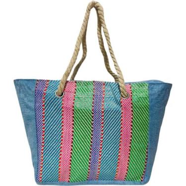 Imagem de Bolsa de Praia Azul Claro Colorida Feminina Listrada Alça Verão Piscin