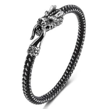 Imagem de Pulseira masculina de couro com cabeça de dragão dominador, pulseira de amuleto de dragão punk, pulseira masculina de cabeça de dragão, pulseira de animal de dragão legal joias, One Size, Aço