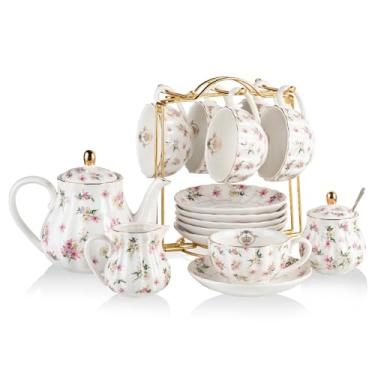 Imagem de Jogo de chá de porcelana British Royal, xícaras de 236 ml e pires para 6, com bule, açucareiro, leiteira, colheres de chá e infusor, adequado para chá da tarde, casamento, festa, flores da primavera