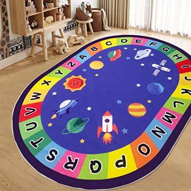 Imagem de USTIDE Tapete grande oval educativo para crianças, 1,5 x 3 m, alfabeto ABC, espaço, universo, planeta, divertido, sala de aula, tapete antiderrapante, tapete de área de aprendizagem, para decoração de