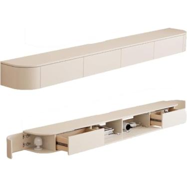 Imagem de Suporte de TV flutuante com luzes de LED, suporte de TV montado na parede com aparador e 2 gavetas, console de mídia de madeira, grande prateleira de armazenamento sob TV, A, 220 x 20 x 30 cm