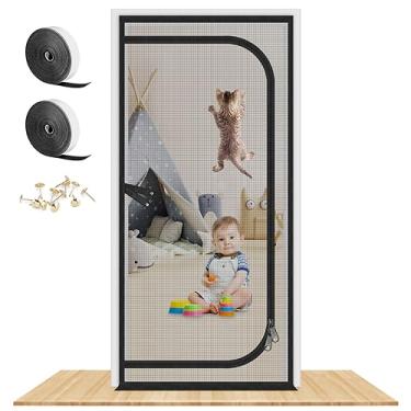 Imagem de Porta de tela reforçada atualizada para gatos para tamanho de porta 96 cm x 203 cm, porta de tela resistente à prova de animais de estimação com zíper bidirecional, evita que cães gatos saiam de casa, quarto, sala de estar, cozinha e pátio