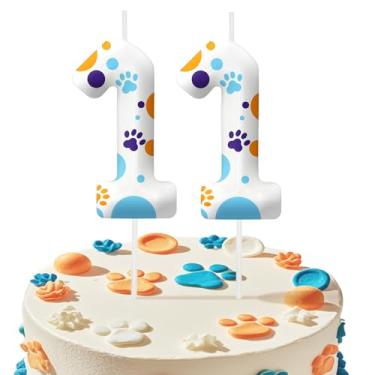 Imagem de Blue Dog Paw Vela de aniversário de 11 anos para meninos e meninas - Decorações de bolo de festa de aniversário, topo de bolo número 11, decoração de festa temática para amantes de cães, suprimentos