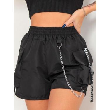 Imagem de Short Feminino Cargo Tactel Suspensório Corrente Moda Gringa Shorts Sa