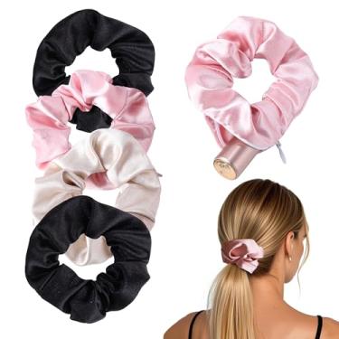 Imagem de Pacote com 5 elásticos de cabelo preto e rosa com zíper, elásticos para mulheres com armazenamento secreto, cofre oculto para chaves, dinheiro, cartões, objetos de valor