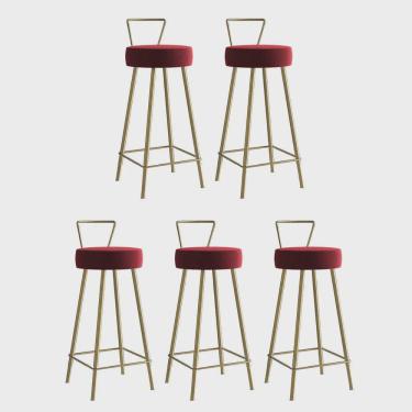 Imagem de Kit 05 Banqueta Alta Com Encosto Tais Eiffel Cozinha Bar Bistrô Ferro Dourado Sintético Vermelho - Ahz Móveis