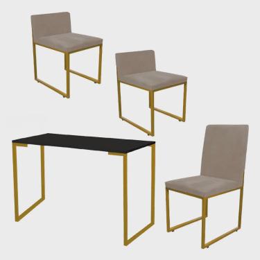 Imagem de Kit Mesa Escrivaninha com Cadeira Stan e 2 Poltronas Lee Tampo Preto Ferro Dourado Tecido Sintético Bege - Ahz Móveis