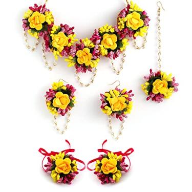 Imagem de Zeneme Conjunto de joias de flores para colar Haldi Gota Patti, brincos, pulseira e Maang Tika para mulheres e meninas (Mehandi/Haldi/casamento/noiva/chá de bebê), padrão, papel, sem pedra preciosa,