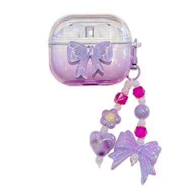 Imagem de JLSDBMZ Capa rosa para Samsung Galaxy Buds 3 Pro, design de laço de desenho animado fofo, capa de TPU transparente e macia com pulseira para capa de fone de ouvido (roxa)