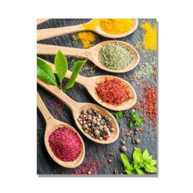 Imagem de Arte de parede colorida em tela para especiarias e colher de tempero | Decoração de cozinha vintage | Arte moderna para casa e sala de jantar (especiarias mistas 10). 30 x 40 cm - 11,8 x 15,7 pol sem