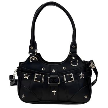 Imagem de RILGOU Y2K Grunge Kawaii Gótico Vintage Casual Cute Stars Rebite Studded Ajustável Cross-body Ita Bag Bolsa Bolsa, Preto, Unisize