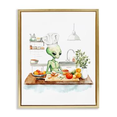 Imagem de Stupell Industries Arte de parede em tela flutuante emoldurada dourada Chef Alien in Kitchen, design de Lil' Rue, 25 x 31