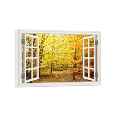 Imagem de Vista da Janela Paisagem Pintura em Tela-Floresta Amarela Autumn-Impressão Lona Arte Parede Natural-Decoração Sala Estar 50x70cm Tela Embrulhada