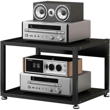 Imagem de LGEOELIAS Suporte de mídia para mesa ou chão, suporte de áudio, TV, entretenimento, componentes estéreo, gabinete, multifuncional, prateleira de armazenamento aberta com prateleiras de canto de