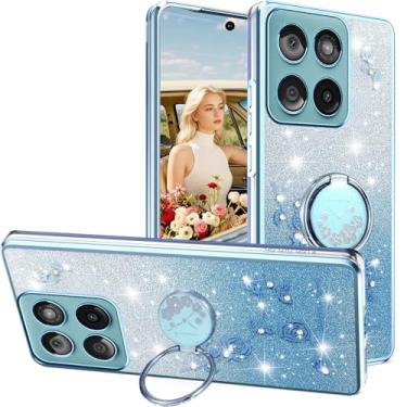 Imagem de Ephoou Capa para Motorola Edge 60 Fusion com suporte de anel, flores de diamante brilhantes com design floral de silicone TPU macio transparente para Moto Edge 60 Fusion HSF-azul
