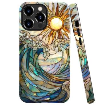 Imagem de kiritfox Capa compatível com iPhone 16 Pro, capa rígida híbrida brilhante de 2 camadas, macia à prova de choque para meninas e mulheres, vitrais de sol ondas do mar