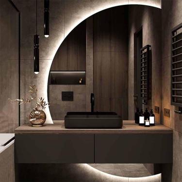 Imagem de Espelho De Parede De Maquiagem Led Meio Círculo 51"x35" Espelho De Banheiro Iluminado Livre De Neblina Grande Meia Lua 47" Com Luzes Espelho De Entrada De Corpo Int, Left Semicircle, 120 * 80cm