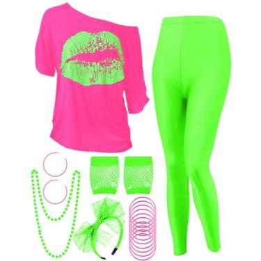 Imagem de Blulu Conjunto de fantasia feminina dos anos 80, camiseta com estampa de lábios, calça legging geométrica, brinco, colar, luvas, pulseira, Vermelho rosa, X-Large
