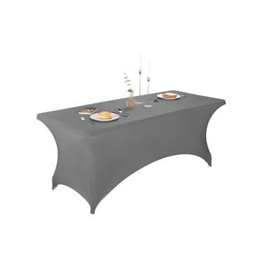 Imagem de LZY Capas de mesa de elastano 1,8 m, capas de mesa elásticas/ajustadas para mesa dobrável de 1,8 m, toalhas de mesa retangulares de elastano para festa de casamento ou evento (2 pés-2 peças, cinza)