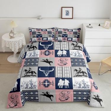 Imagem de Conjunto de edredom queen do sudoeste, azul marinho e rosa, xadrez, patchwork, 3 peças, caubói e caveira, cacto, para decoração de quarto de meninos e meninas, masculino, 2 fronhas