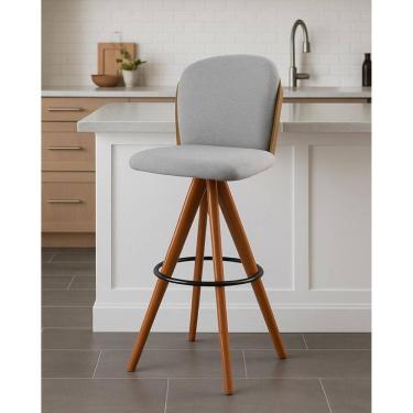 Imagem de Banqueta Giratória Estofada com Encosto e Base em Madeira Castanho – Ayala Exclusiva