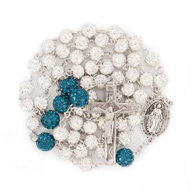 Imagem de Nazareth Store Rosário de contas de cristal, rosário católico com medalha milagrosa de prata, crucifixo INRI, rosários multicoloridos em uma caixa de presente, 22 ", Vidro, Sem Pedra Preciosa