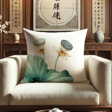 Imagem de Sladjana Enchanting Teal - Tinta chinesa verde - Capa de almofada de lótus de lavagem: Impressão digital de alta definição em imitação artística de linho (66 x 66 cm, JBHH-E)