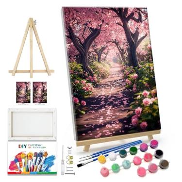 Imagem de JOOZ Kit de pintura por números para adultos pintura de paisagem por número com moldura, faça você mesmo, pintura de flor de cerejeira por número com cavalete flores kit de pintura por números em tela