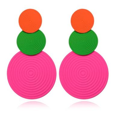 Imagem de QLYOVWE Brincos femininos de disco redondo de ouro vintage, feitos à mão, de liga redonda, brincos pendentes exclusivos dos anos 60, 70, 80, brincos de neon, boêmio, verão, praia, joias, Medium, Metal