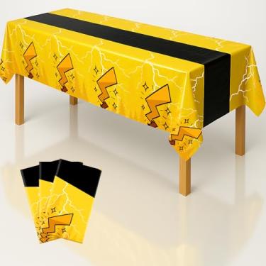Imagem de iCrius Pacote com 3 toalhas de mesa de aniversário de plástico amarelo com desenho animado – Capas de mesa retangulares de 137 x 274 cm para festas de aniversário para pequenos e adultos, decorações
