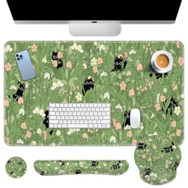 Imagem de Arttown Tapete de mesa de gato preto fofo flor rosa folhas verdes conjunto de mouse pad 4 em 1 design ergonômico grande almofada de mesa + descanso de pulso para teclado + descanso de pulso para mouse