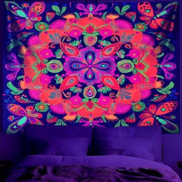 Imagem de BVBOX Tapeçaria de mandala de luz negra tapeçaria UV reativa riactivo arte de parede paisagem neon pôster de festa que brilha no escuro para quarto, sala de estar (tipo 7, 200 x 149 cm, sem moldura)