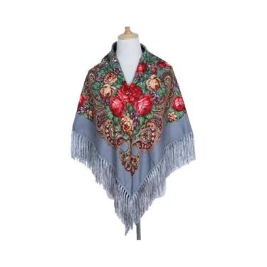 Imagem de Lenço Quadrado Floral com Franjas - Estilo Ucraniano Babushka, Cinza