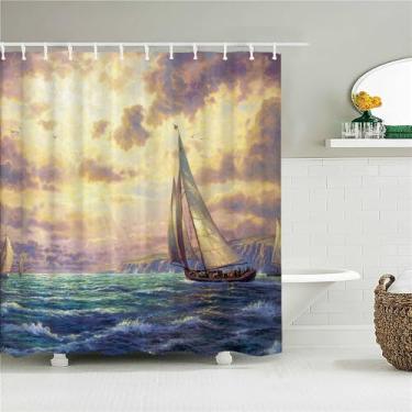 Imagem de Cortina de chuveiro de banheiro com impressão de paisagem de cidade rural, cortina de poliéster com pintura de cenário, decoração para casa, 6300W, W90xH180cm